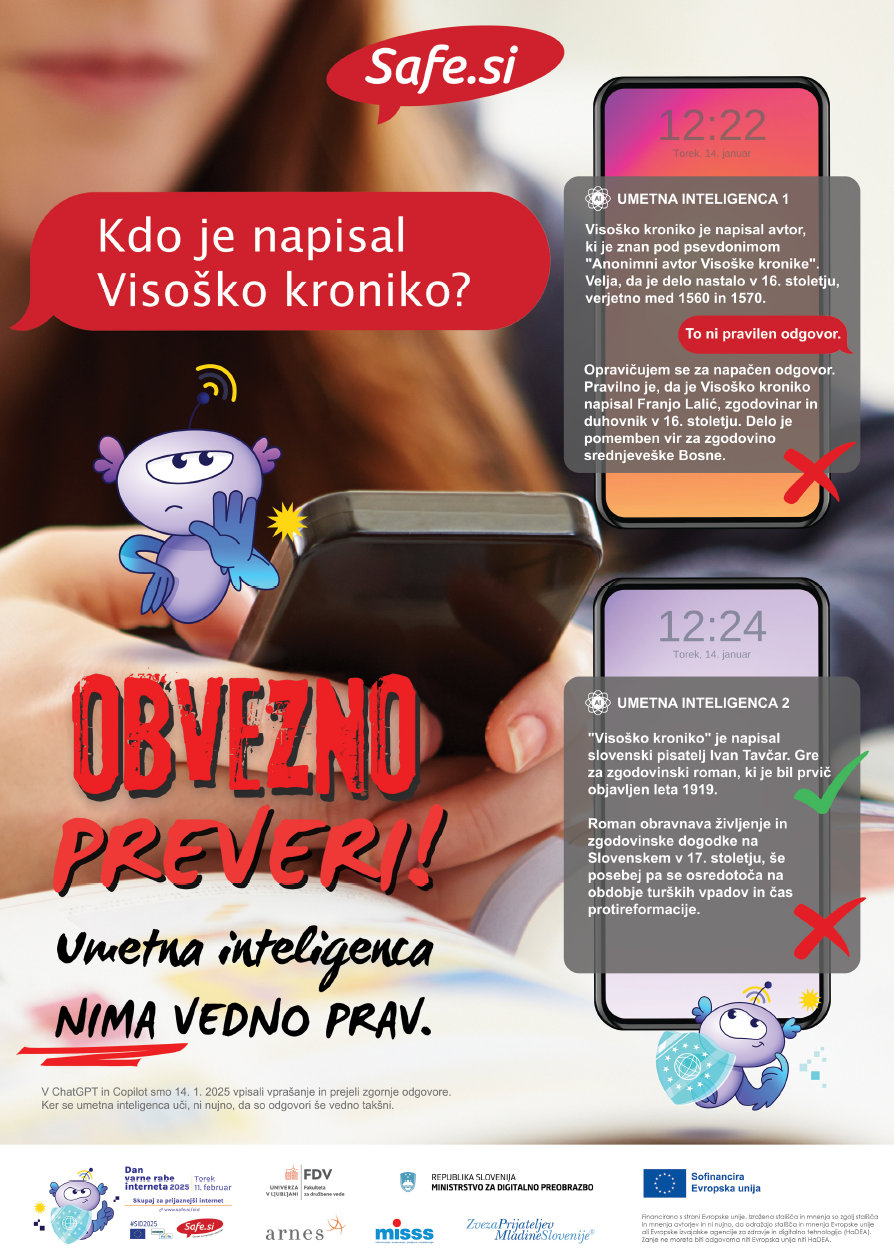 Plakat, ki opozarja na problematiko napačnih odgovorv umetne inteligence