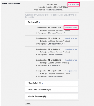Prekinite posamezno sejo - "končaj sejo" ali vse seje "End All Activity"