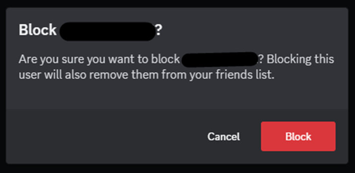 Potrditev blokiranja uporabnika na Discordu