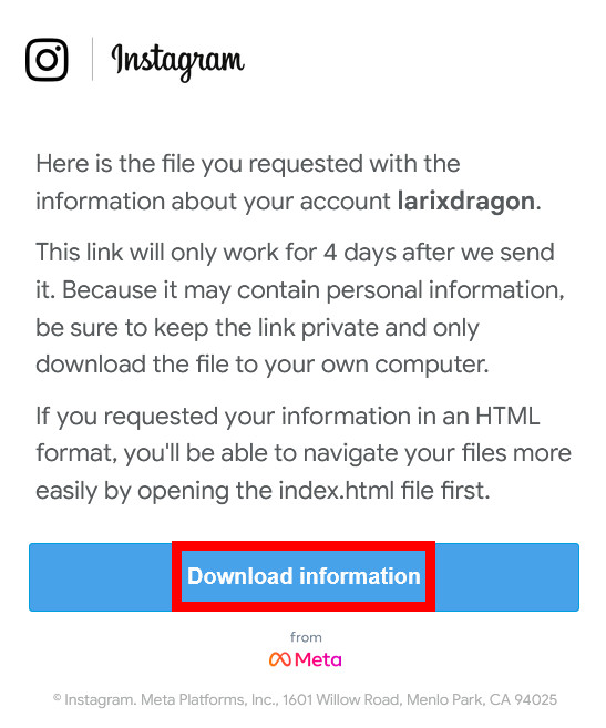 Instagram obvestilo po e-pošti o prenosu podatkov